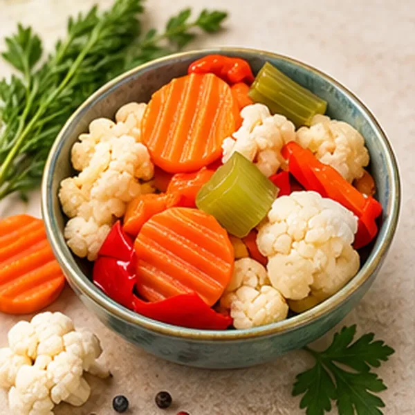 Mild giardiniera of cauliflower, carrot, celery and red pepper in a bowl