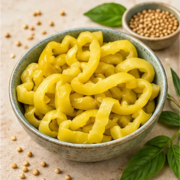 Sliced Greek golden pepperoncini rings in a bowl