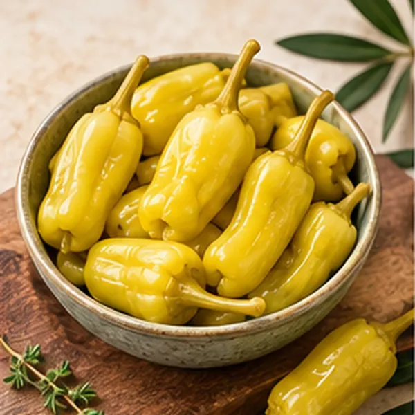 Whole Greek golden pepperoncini peppers with stems in a bowl