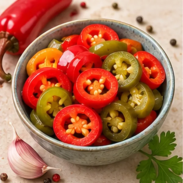 Sliced red and green cherry pepper rings in a bowl