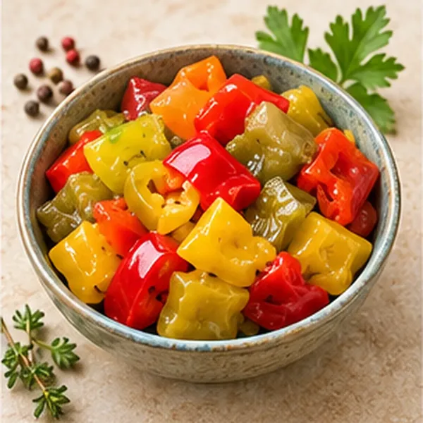 Diced red, yellow and green hot peppers in a bowl