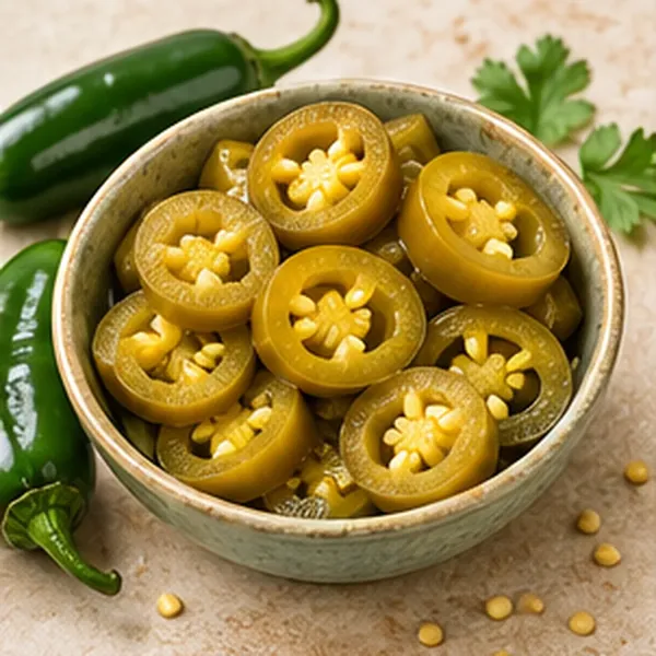 Sliced pickled jalapeño rings in a bowl