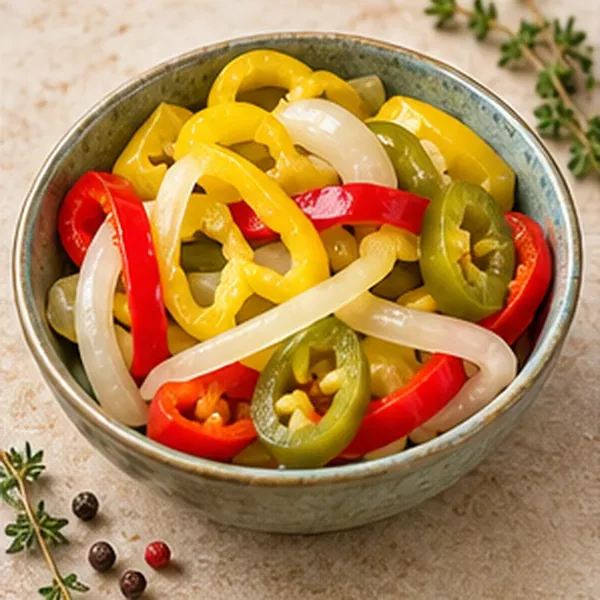 Pepperoncini, red pepper, jalapeño and onion blend in a bowl