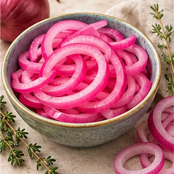 Pickled pink red onion rings in a bowl