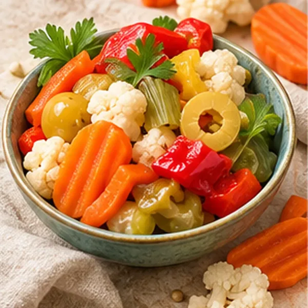 Finely cut giardiniera salad topper mix with olives in a bowl